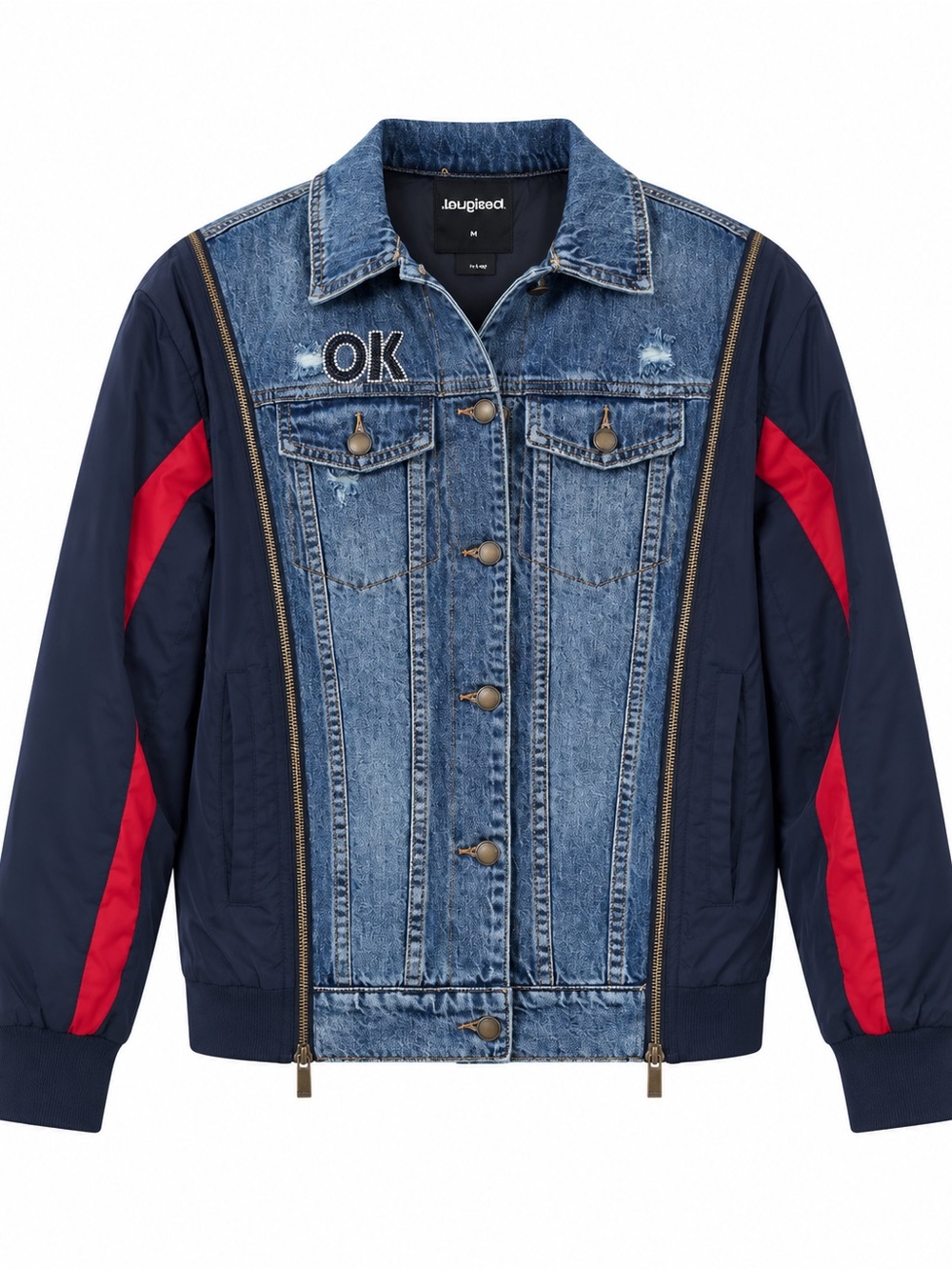 Desigual Women's Denim Front Bomber Jacket with Navy and Red Panels